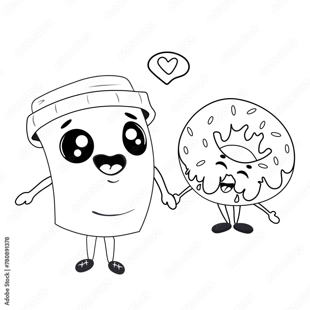Cartoon kaffee_with donut outlined for coloring book isolated on a
