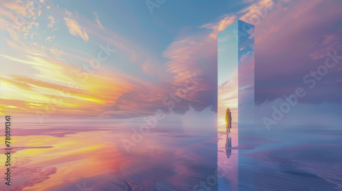 A serene image with a reflective surface creating a mirror portal  where a lone figure contemplates a dreamlike  surreal sunset