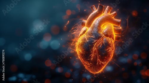 Vivid depiction of human heart, pulsating with vitality, symbol of life and the center of our cardiovascular system. Ideal for educational and medical use, conveying fiery essence of cardiac health #780891374