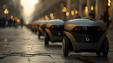 Convoys of autonomous delivery robots navigating through the city streets in the evening. AI-driven logistic and smart transport technology for efficient last-mile courier services.