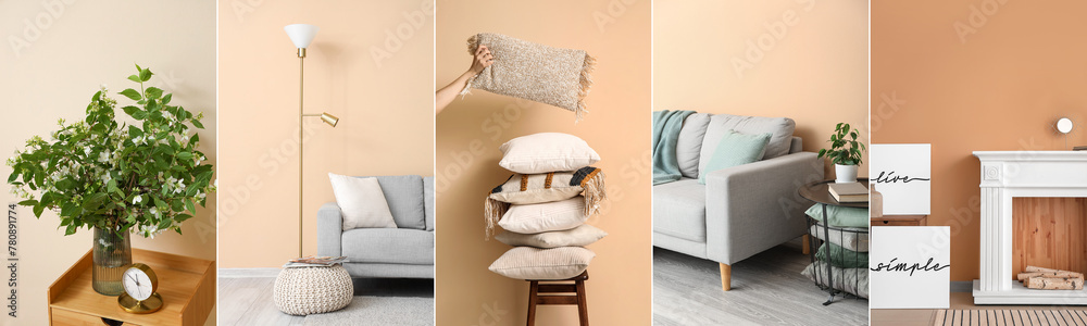 Fototapeta premium Group of stylish minimalist interiors with beige wall