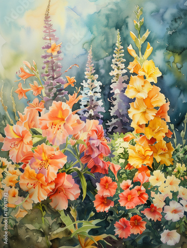 flower garden, as if painted in watercolour