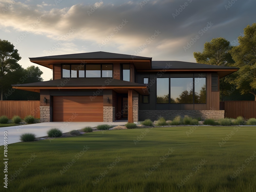 A prairie-style house with low-pitched roofs, wide overhanging eaves, and a horizontal emphasis, generative AI A prairie-style house with low-pitched roofs, wide overhanging eaves, and a horizontal emphasis, generative AI