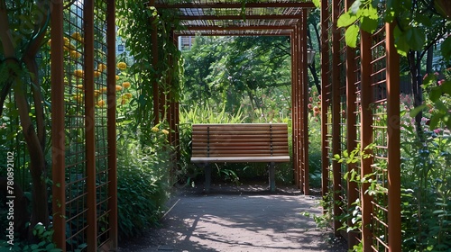 A secluded bench in a mechanical garden  surrounded by a maze of copper vines and blossoms that open and close in response to the sun s movements  providing a peaceful spot for reflection.