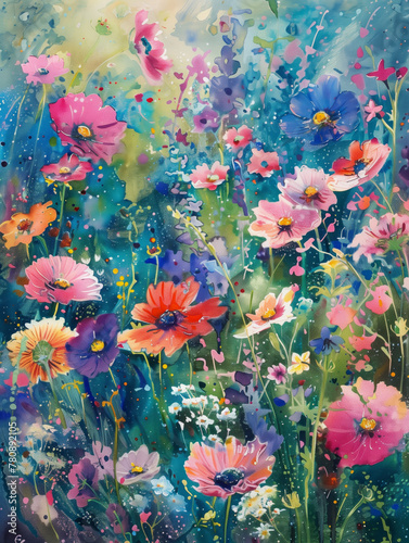 flower garden, as if painted in watercolor