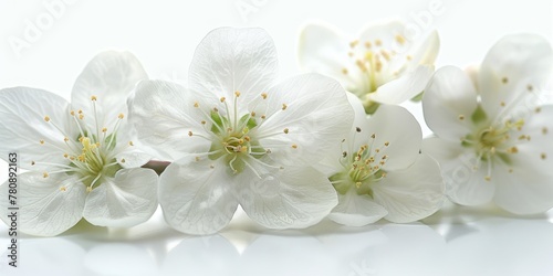A group of white flowers on a white surface  Spring close-up image of apple blossoms