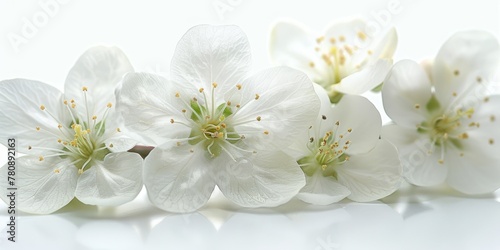 A group of white flowers on a white surface, Spring close-up image of apple blossoms