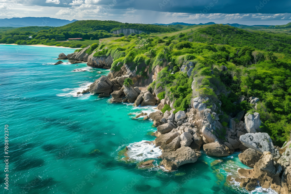 Aerial view of rocky coastline with lush greenery and turquoise sea Aerial view of rocky coastline with lush greenery and turquoise sea