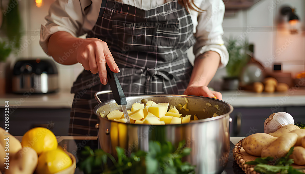 Woman putting peeled potato in pot at table in kitchen