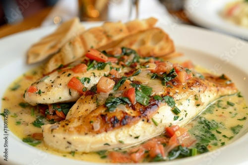 Chicken florentine with breadsticks on a plate