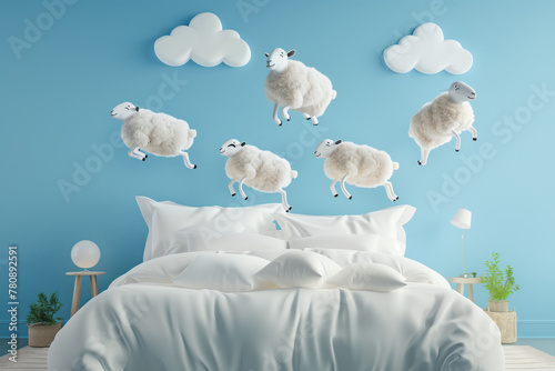 Jumping sheep over bed in a dreamy bedroom photo