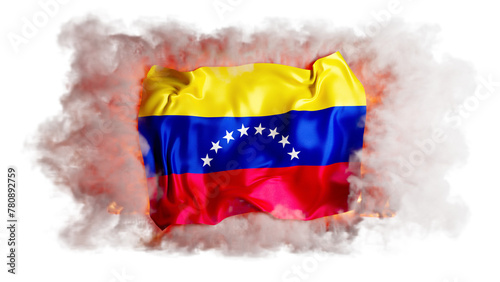 Venezuelan Flag Displayed with Stars Ascending Through Smoke and Fire on Black Background © juanjo