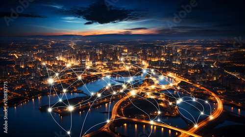 Global Connections. Modern city network communication concept. IOT Internet of things wireless technology