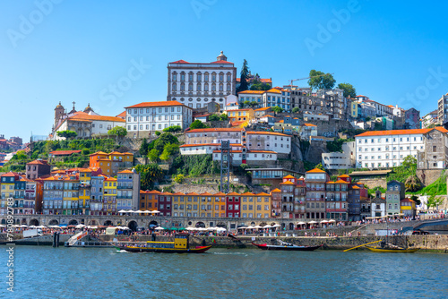 Beautiful colorful building facede in Porto Portugal next to Duero river in Ribeira