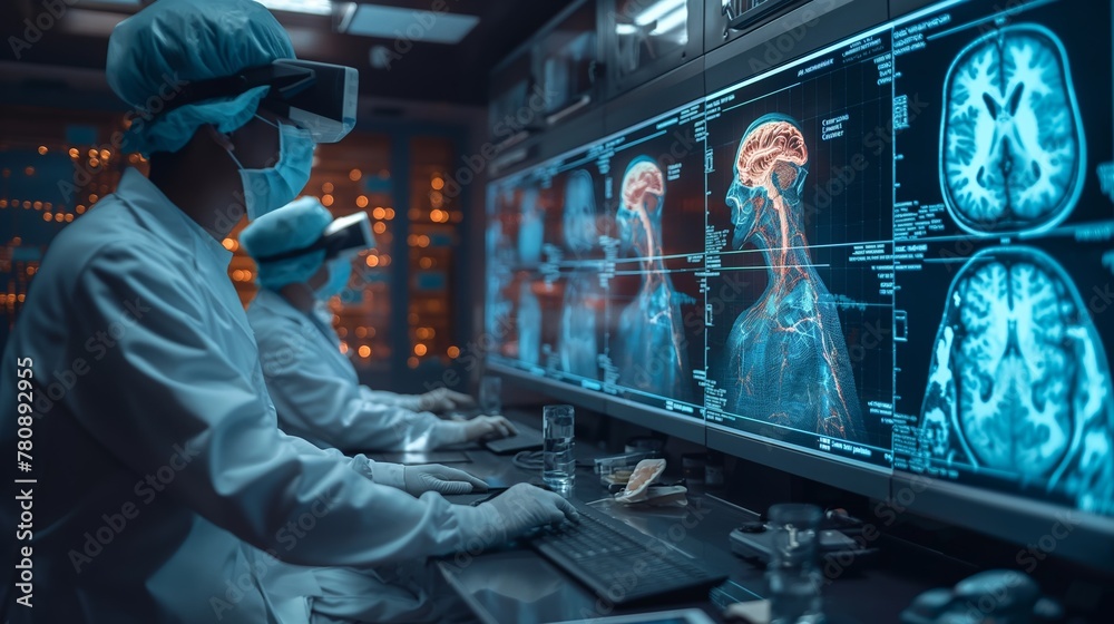 Fototapeta premium Medical professionals analyzing neurology diagnostics with VR headsets. Precision medicine through futuristic technology and brain imaging visualization. Healthcare innovation.