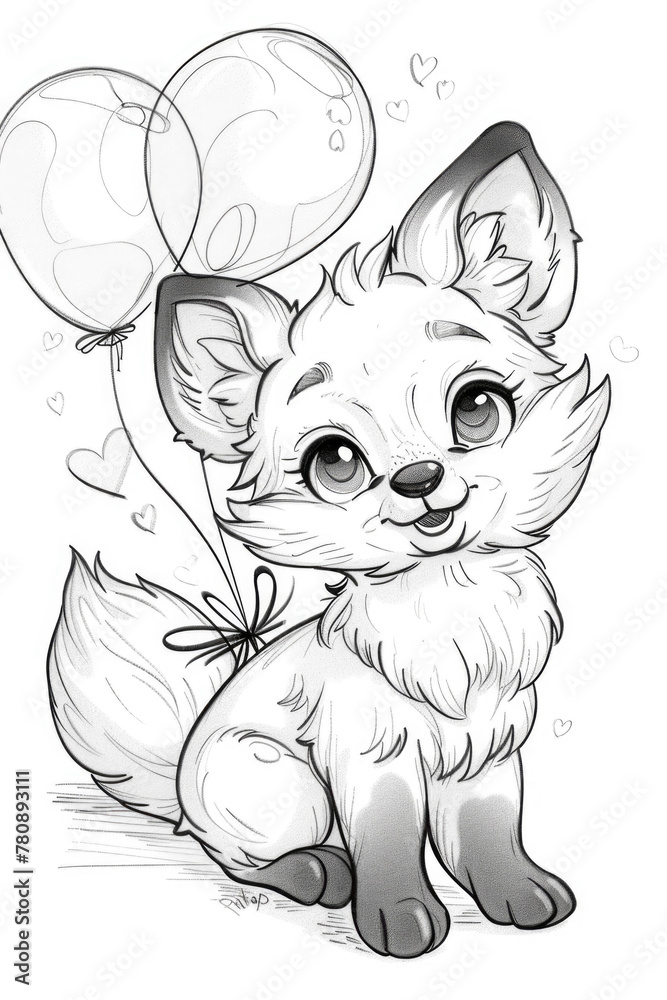A drawing of a fox with balloons A drawing of a fox with balloons