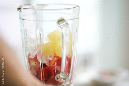 healthy eating, cooking, vegetarian food, close up of  fruit juice blender at home