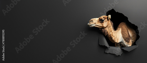 A serene camel sits calmly peeking through a ripped black paper, bringing a tranquil yet humorous touch