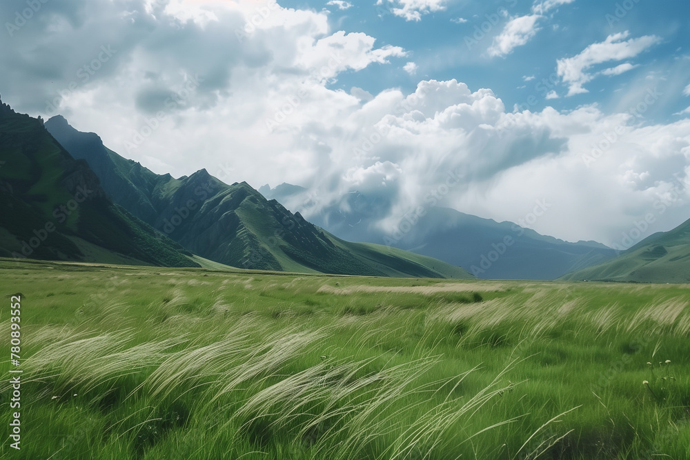 Breathtaking view of a lush green field with windswept grass, set against the backdrop of majestic mountains partially obscured by dramatic clouds. Storm and gusts in mountains
