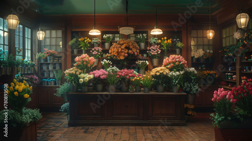   A room brimming with numerous potted plants adjacent to a wall adorned with hanging lights and flower-filled containers photo
