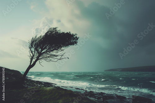 A windswept tree stands resilient against the backdrop of a turbulent sea and stormy skies  embodying the eternal dance of nature   s elements