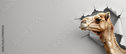 Dynamic image depicts a camel's head side view bursting through paper with a striking 3D effect and detail © Fxquadro