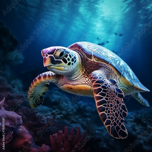 Turtle swimming in the deep sea shot .