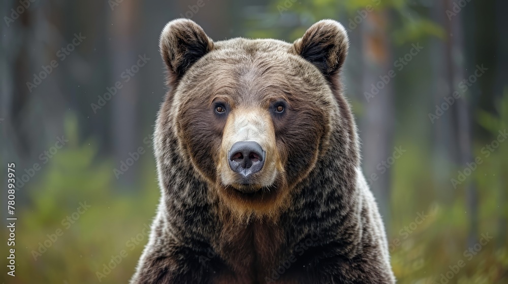   A tight shot of a brown bear amidst forested backdrop with trees and a grassy foreground