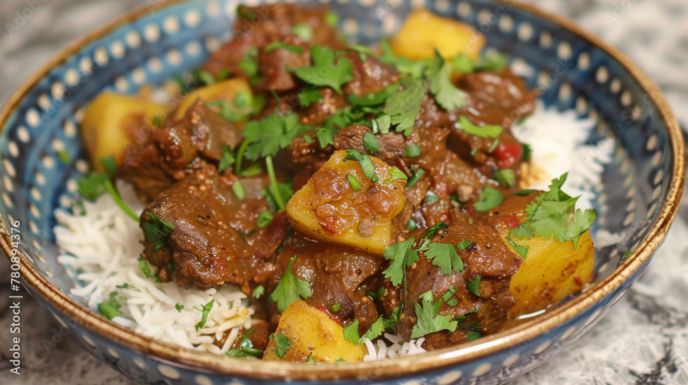 Traditional pakistani beef curry with rice and potatoes