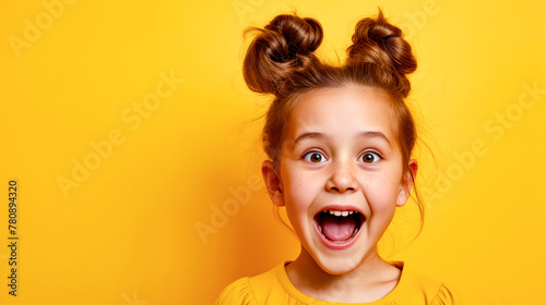 Little girl making funny face with her hair in top knot. photo