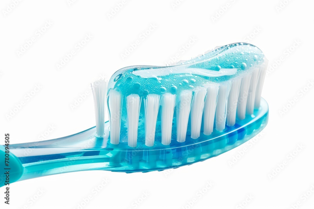 Close up of toothbrush with toothpaste on white background Close up of toothbrush with toothpaste on white background