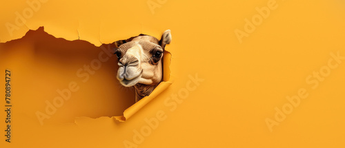 This image captures a camel's mischievous moment as it tears through a vibrant orange paper wall photo