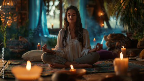 woman is meditating with candles in a room, in the style of tracing, soft and dreamy tones, youthful energy, 