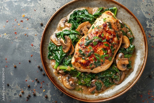 Close up top view of stewed chicken breast with wild mushroom sauce and spinach on table © The Big L