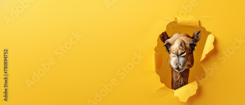 An inquisitive camel looks through a torn yellow paper background, conveying a sense of curiosity and fun photo