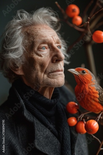 A striking fashion portrait featuring an older man with hair and a beard, holding a bird in his hand and around him. Against a vibrant background, this image exudes eccentricity and style. (ID: 780894795)
