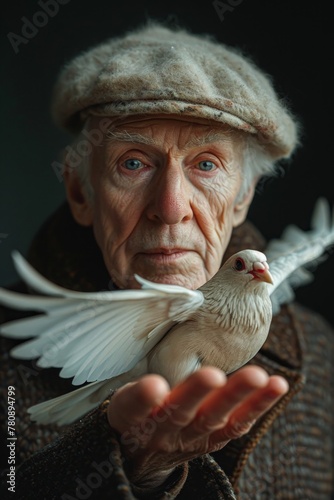A striking fashion portrait featuring an older man with hair and a beard, holding a bird in his hand and around him. Against a vibrant background, this image exudes eccentricity and style. (ID: 780894799)