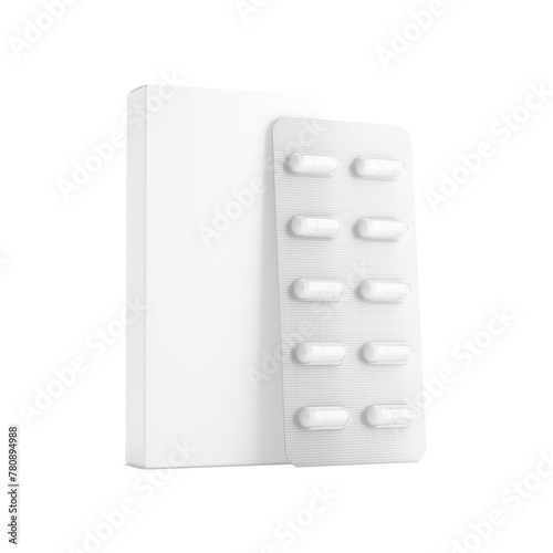 An image of a white paper box with blister pills isolated on a white background