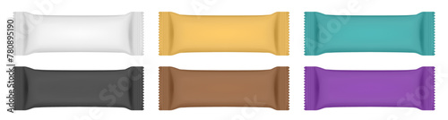 Set of white, orange, green, red, black and blue flow packs. Chocolate bar or ice cream wrapper. Silver foil bag. Realistic 3d mockup of a cookie snacks. Pouch	