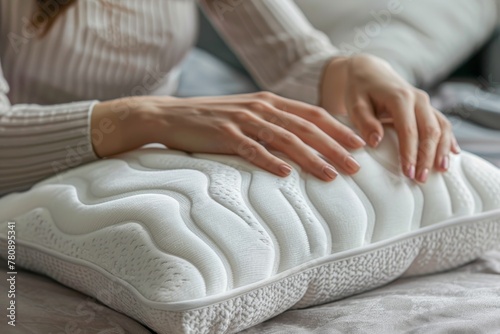 Closeup of woman touching memory foam pillow indoors