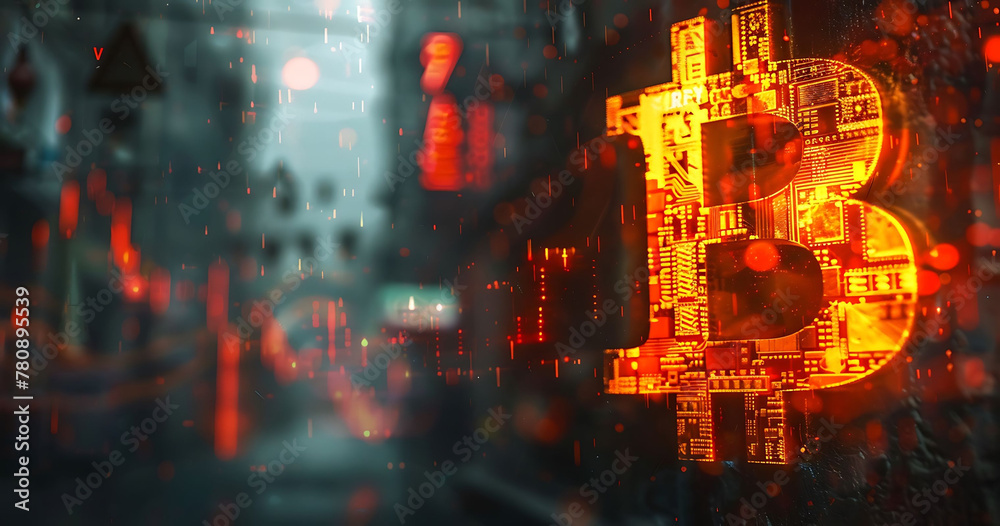 Fototapeta premium Digital Bitcoin symbol with Stock Market candlestick charts Crypto-currency background. Generative AI