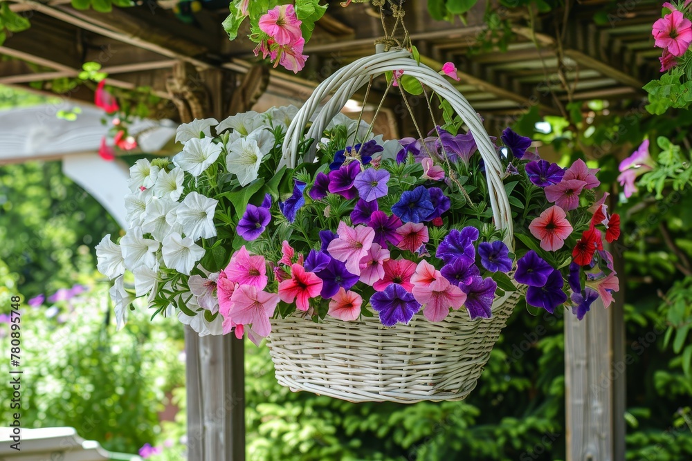 Colorful flowers in hanging pots on wooden pergola in summer garden