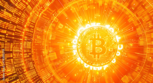 Gold crypto-currency logo "BITCOIN" form yellow binary tunnel on orange background