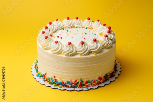 Colorful birthday cake isolated on yellow background