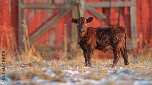  A brown cow stands atop a dry grass-covered field Nearby, a red barn and a wooden fence are situated