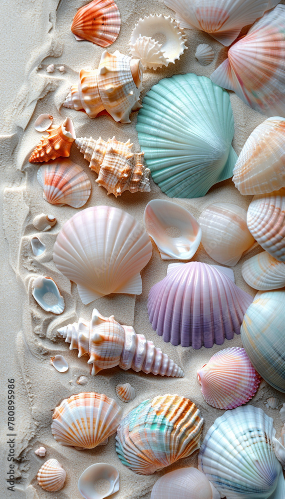 Colorful seashell collection on sandy beach, 3d render