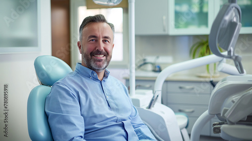  A Dentist. He is sitting on a dental chair, looking straight to the camera with a smile