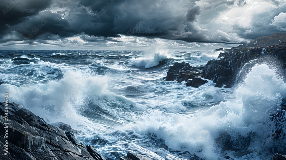 A stormy sea with tumultuous waves crashing against the rocks under a brooding sky, depicting turmoil and the overwhelming power of nature as a metaphor for emotional upheaval.