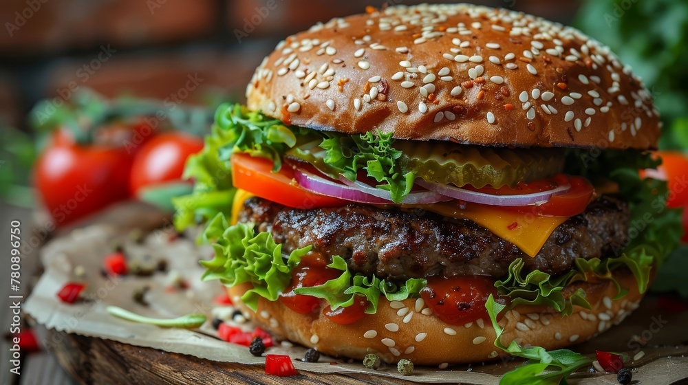 A hamburger with lettuce, tomato, onion, cheese, and another lettuce leaf on a wooden cutting board A hamburger with lettuce, tomato, onion, cheese, and another lettuce leaf on a wooden cutting board