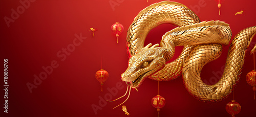 Chinese New Year, year of the snake. Chinese snake on a red background, with copy space